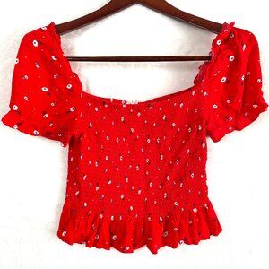 Elodie Shirt Womens M Red Floral Crop Smocked Blouse Puff Sleeve
